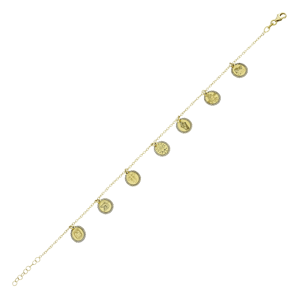 Pulsera con 7 medallas religiosas en oro amarillo de 18 Kilates