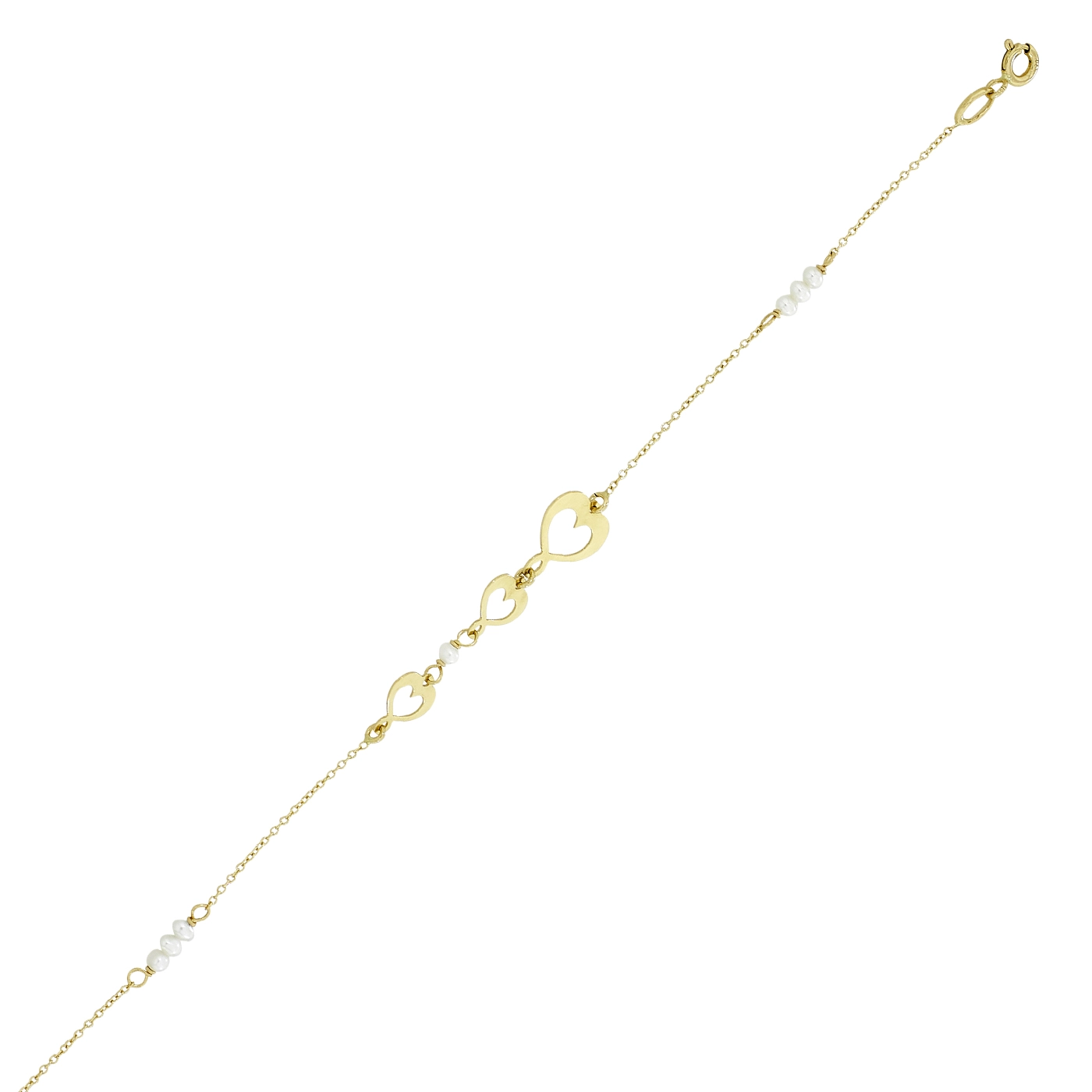 Pulsera 3 corazones en oro amarillo de 18 Kilates, con perlas