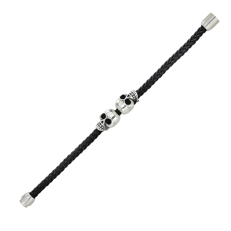 Pulsera de calaveras en cuero sintético y acero, 21 cm. de largo, 6 mm. de ancho - Colección Forza