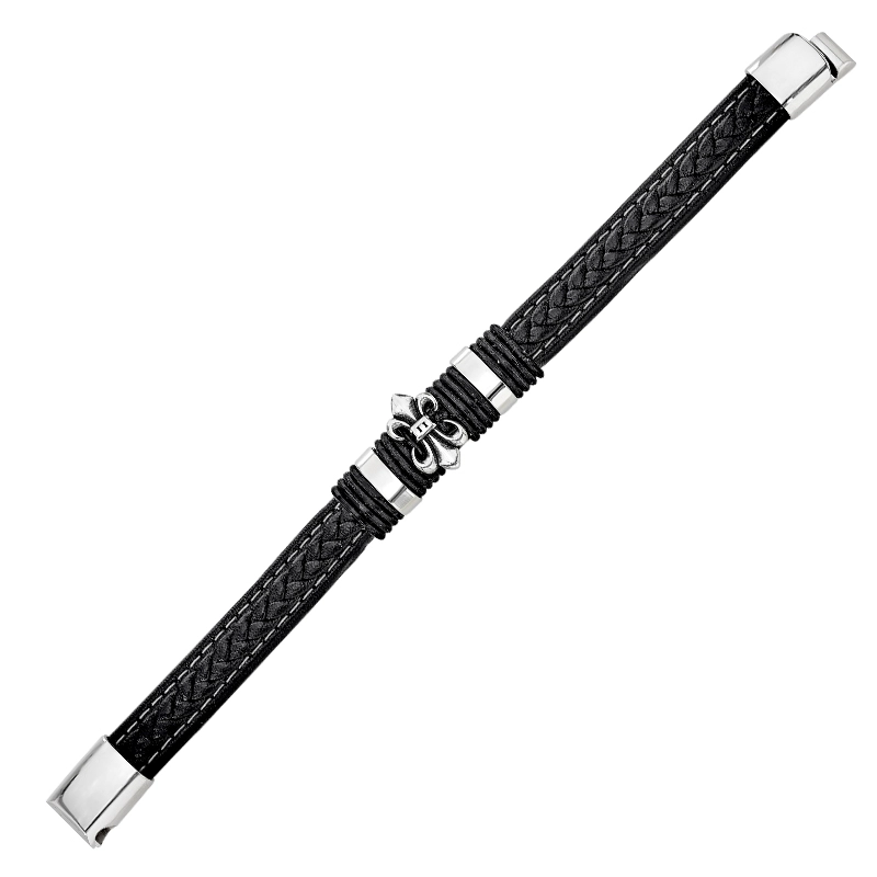 Pulsera de flor de lis en cuero sintético y acero, 21 cm. de largo, 12 mm. de ancho - Colección Forza
