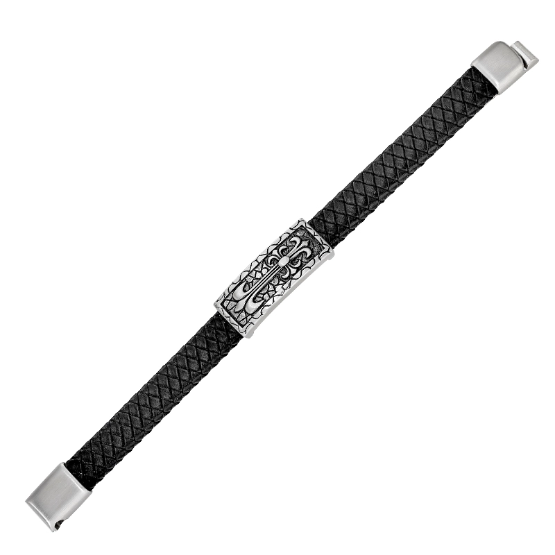 Pulsera de flor de lis en cuero sintético y acero, 21 cm. de largo, 12 mm. de ancho - Colección Forza
