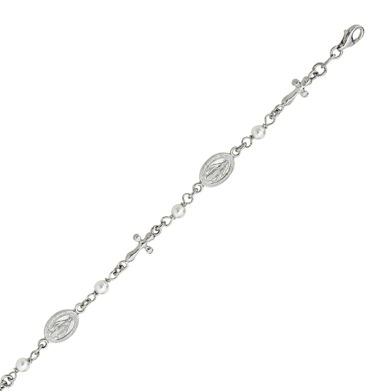 Pulsera de cruces y medallas de la Virgen Milagrosa en plata Ley 925, con perla sintéticas - Colección Sueños