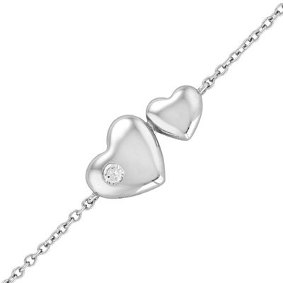 Pulsera de corazones en plata Ley 925, con zircon central, 17 cm. de largo - Colección Sueños