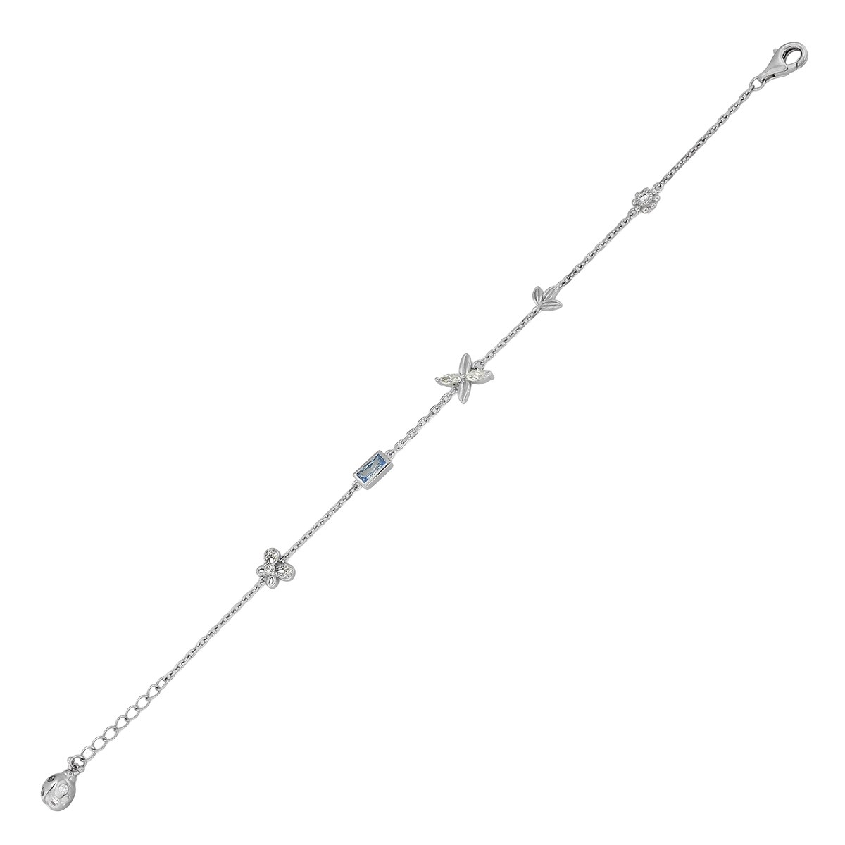 Pulsera en plata Ley 925, con cristal central y decoración en cristales, 17 cm. de largo, 1.50 mm. de ancho, de la coleccion Sueños