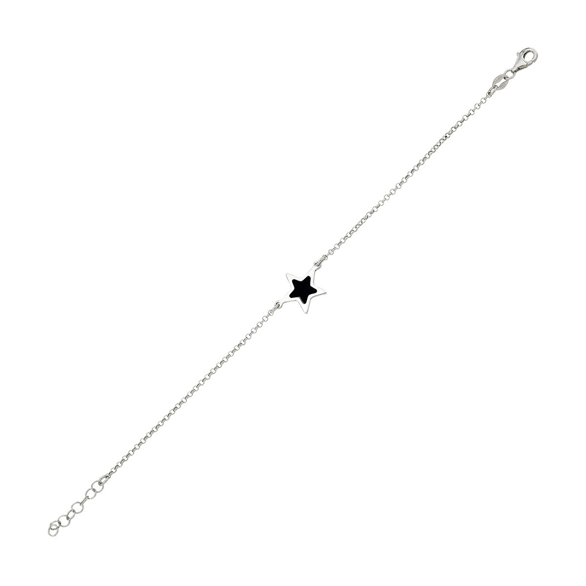 Pulsera de estrella en plata Ley 925, con onix, 17 cm. de largo - Colección Sueños