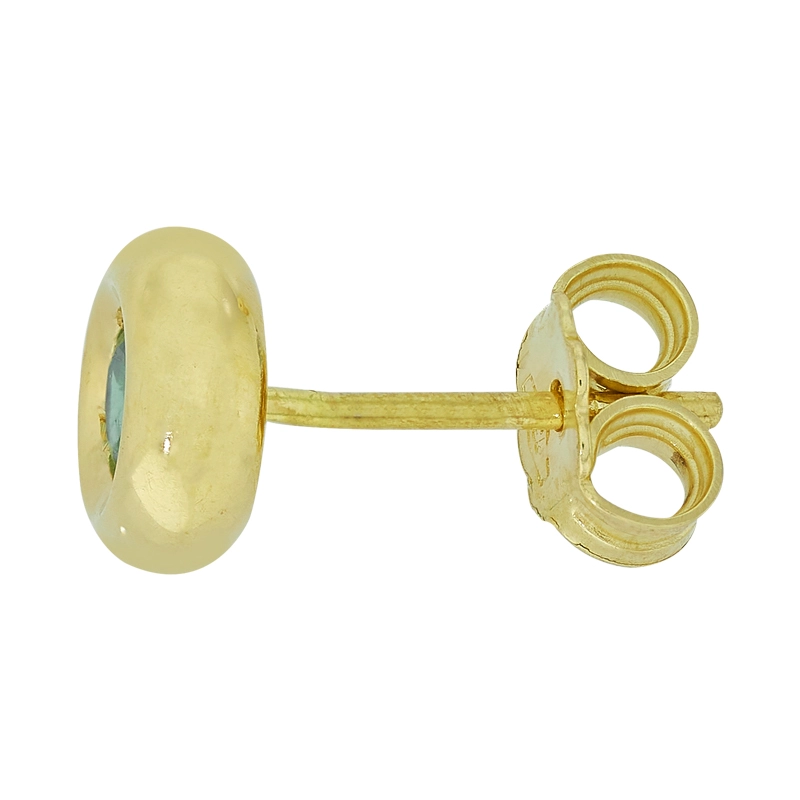 Topos studs en oro amarillo de 18 Kilates, Bisel, con 2 esmeraldas centrales de 0.36 Ct, 7 mm. de ancho