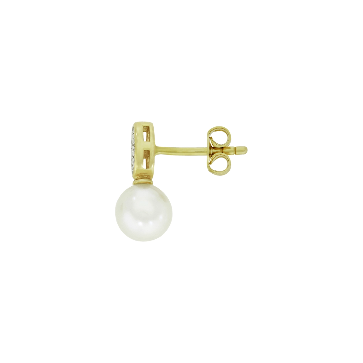 Topos en oro amarillo de 18 Kilates, Figuras geométricas, con perlas centrales de 6 mm de ancho aprox y decoración en zircones