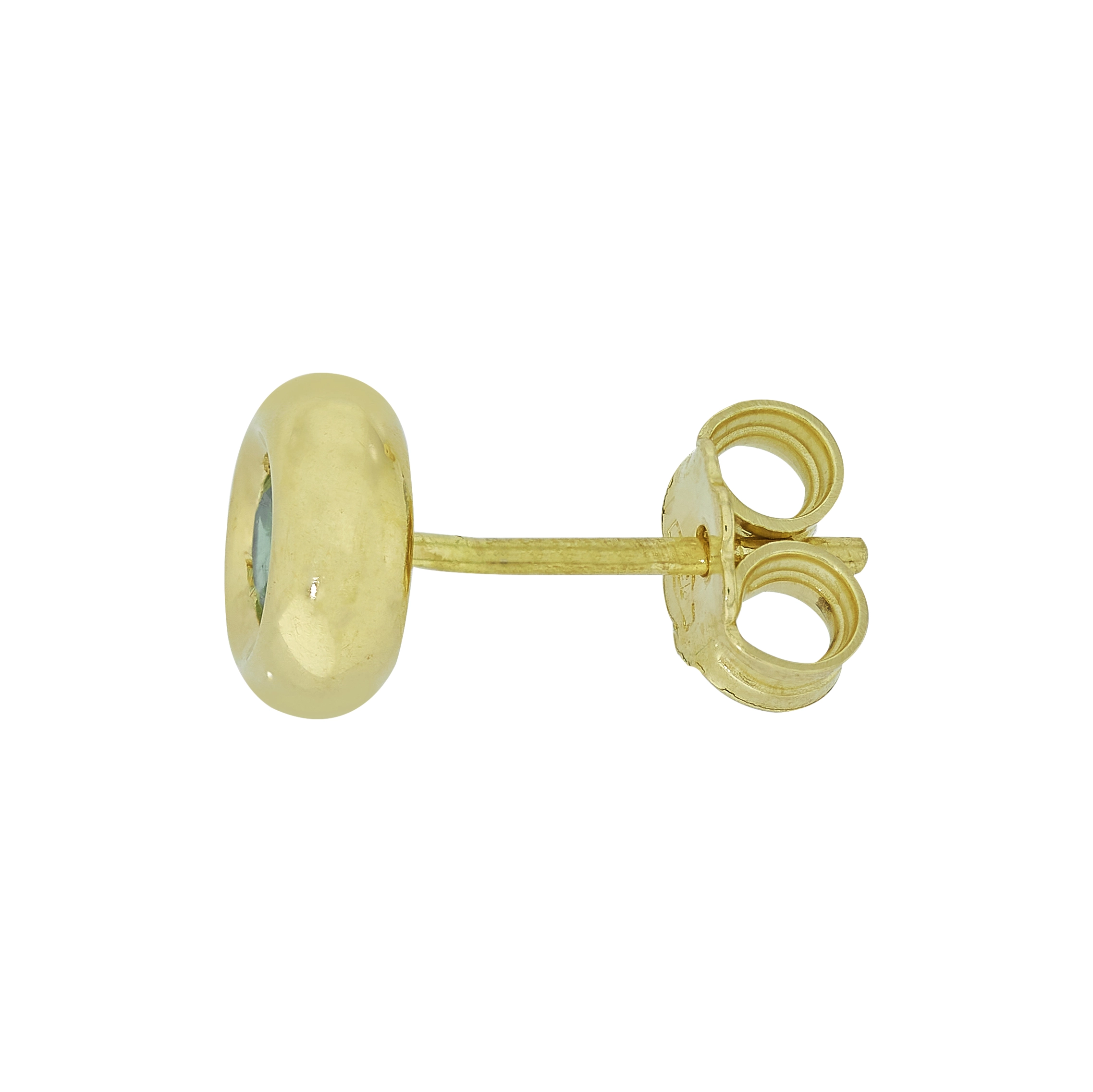 Topos studs en oro amarillo de 18 Kilates, Bisel, con 2 esmeraldas centrales de 0.24 Ct, 6 mm. de ancho