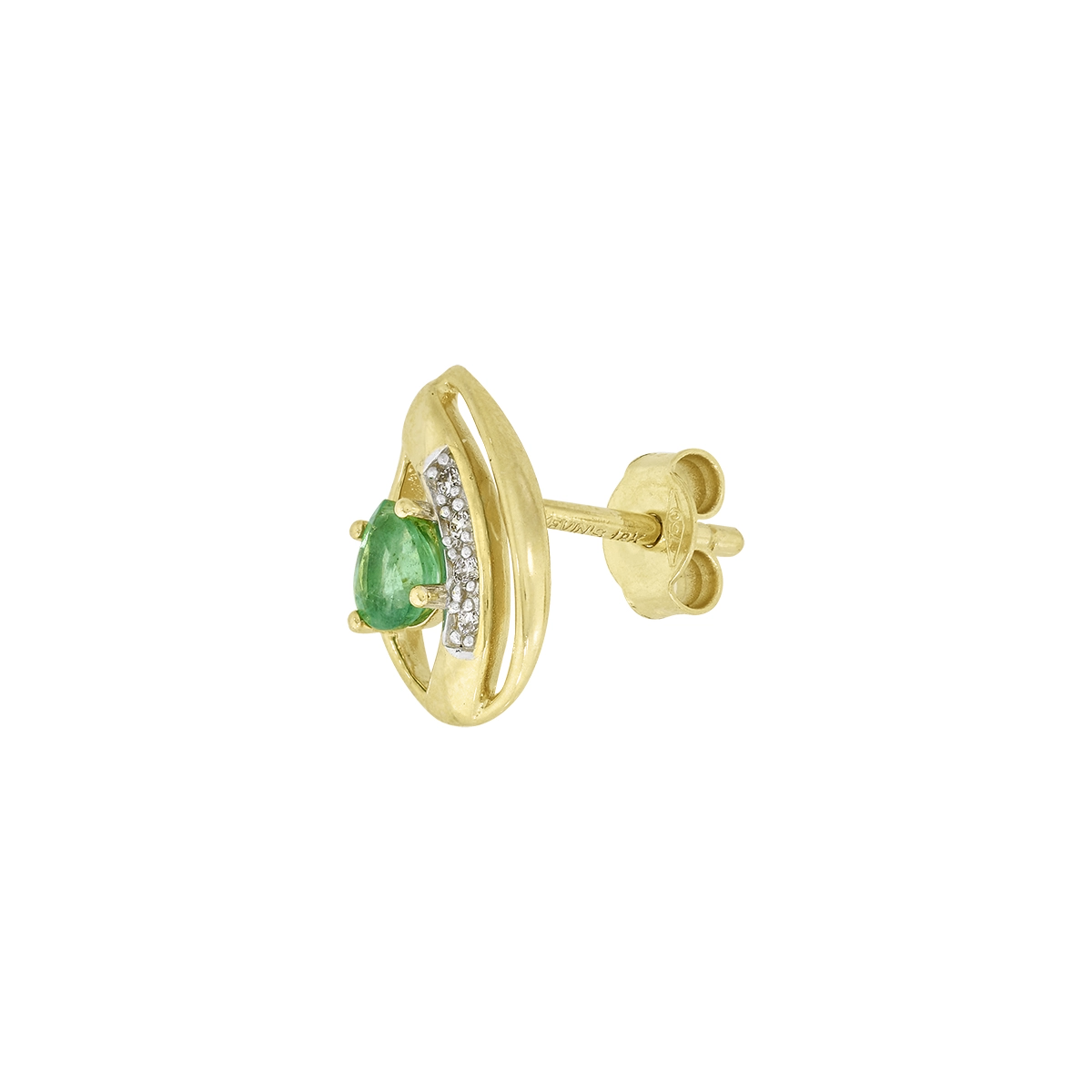 Topos en oro amarillo de 18 Kilates, Lágrima, con 2 esmeraldas centrales de 0.40 Ct y decoración en diamantes de 0.04 Ct