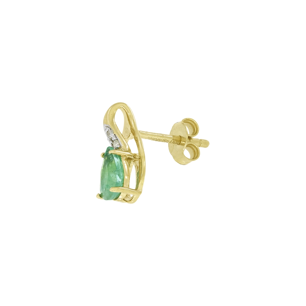 Topos en oro amarillo de 18 Kilates, Lágrima, con 2 esmeraldas centrales de 0.75 Ct y decoración en diamantes de 0.02 Ct