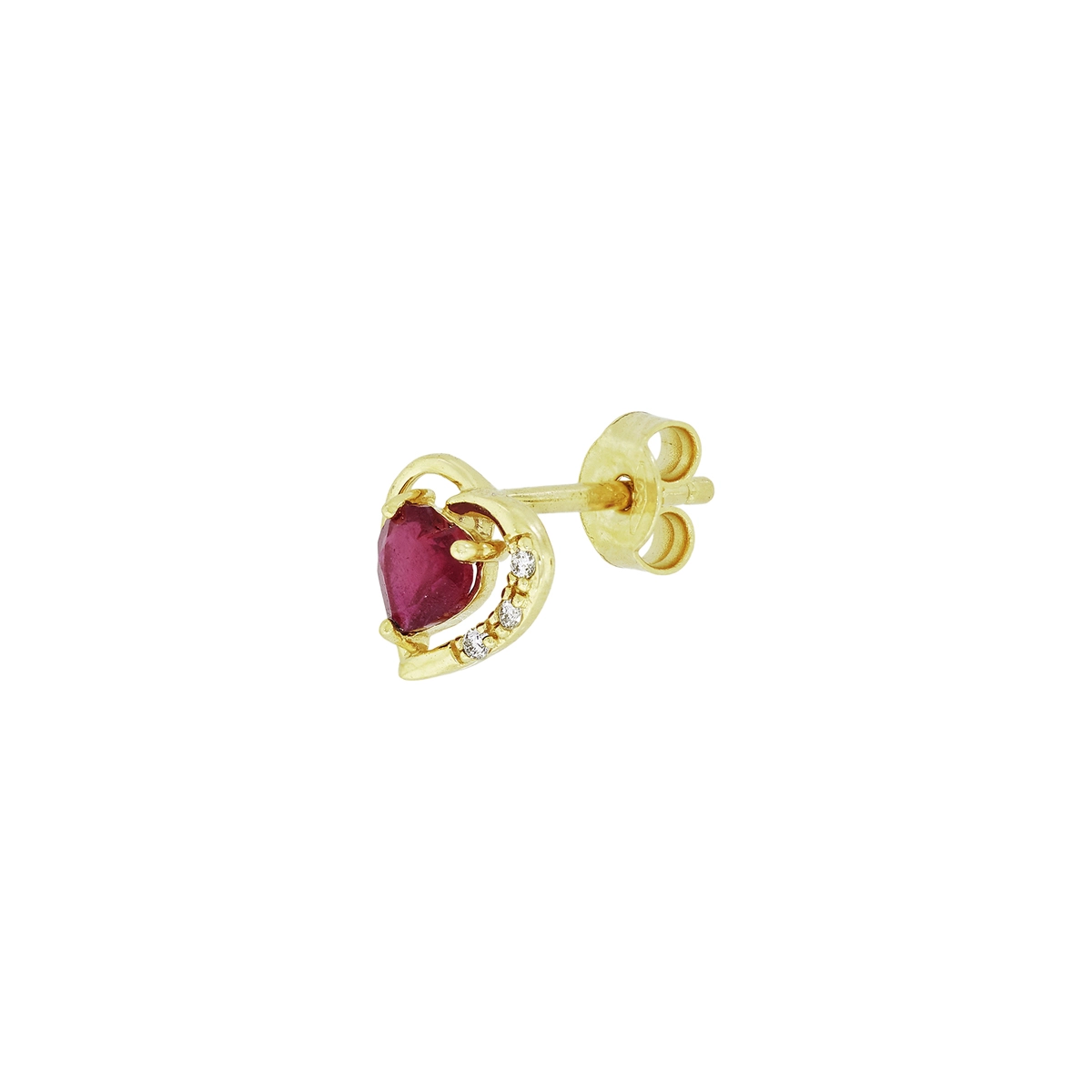 Topos de corazón en oro amarillo de 18 Kilates, con 2 rubís centrales de 0.65 Ct y decoración en diamantes de 0.03 Ct