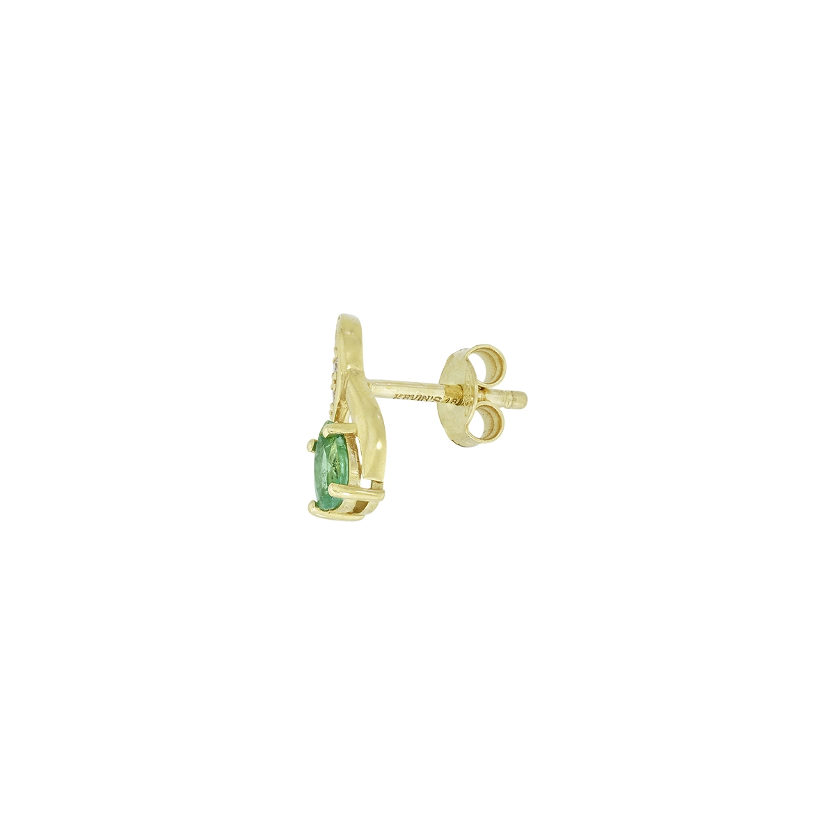 Topos en oro amarillo de 18 Kilates, Lágrima, con 2 esmeraldas centrales de 0.35 Ct y decoración en diamantes de 0.04 Ct