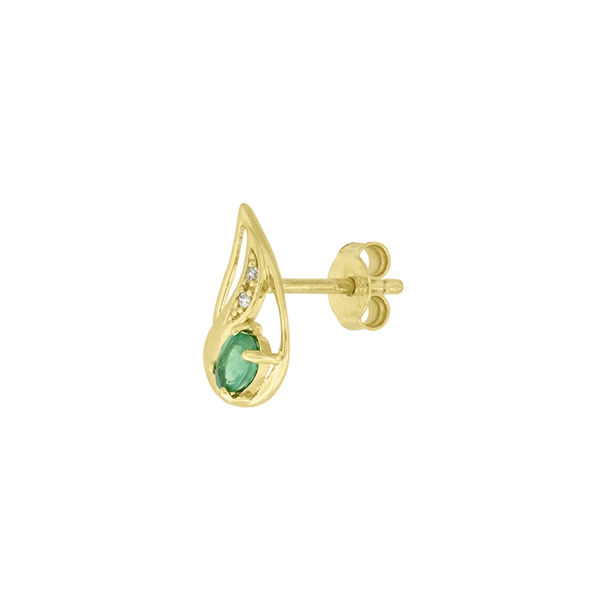 Topos en oro amarillo de 18 Kilates, Lágrima, con 2 esmeraldas centrales de 0.30 Ct y decoración en diamantes de 0.02 Ct