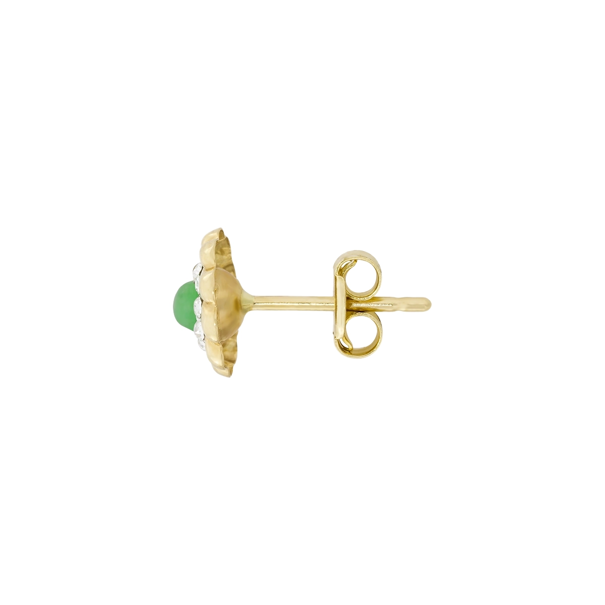 Topos en oro amarillo de 18 Kilates con visos, Flores, con 2 esmeraldas centrales y decoración en cristales, 7 mm. de ancho