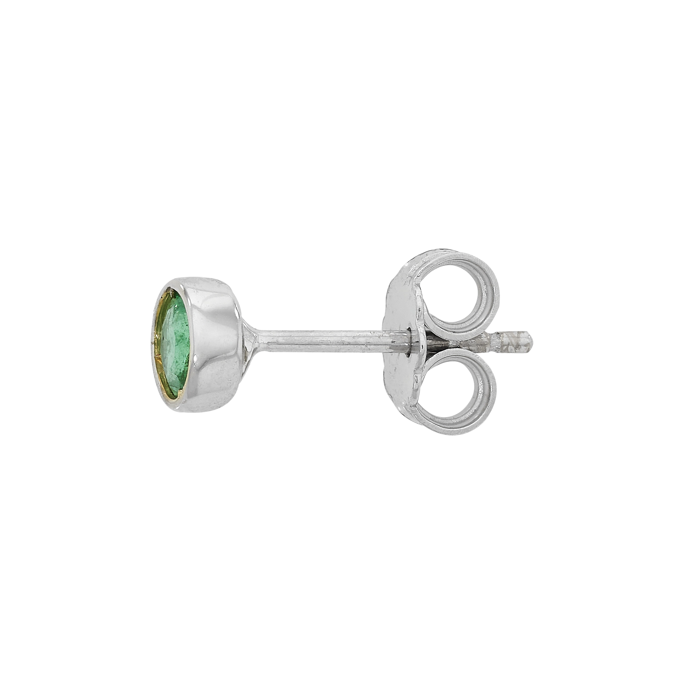 Topos studs en oro blanco de 18 Kilates, Bisel, con 2 esmeraldas centrales de 0.24 Ct, 4 mm. de ancho