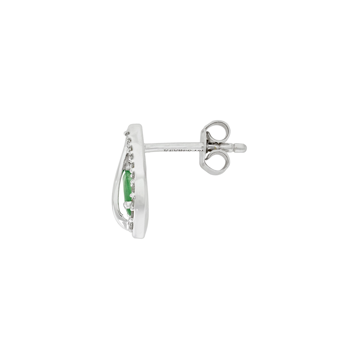 Topos en oro blanco de 18 Kilates, Lágrima, con 2 esmeraldas centrales de 0.50 Ct y decoración en diamantes de 0.10 Ct