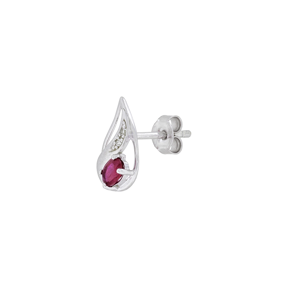Topos en oro blanco de 18 Kilates, Lágrima, con 2 rubís centrales de 0.45 Ct y decoración en diamantes de 0.02 Ct