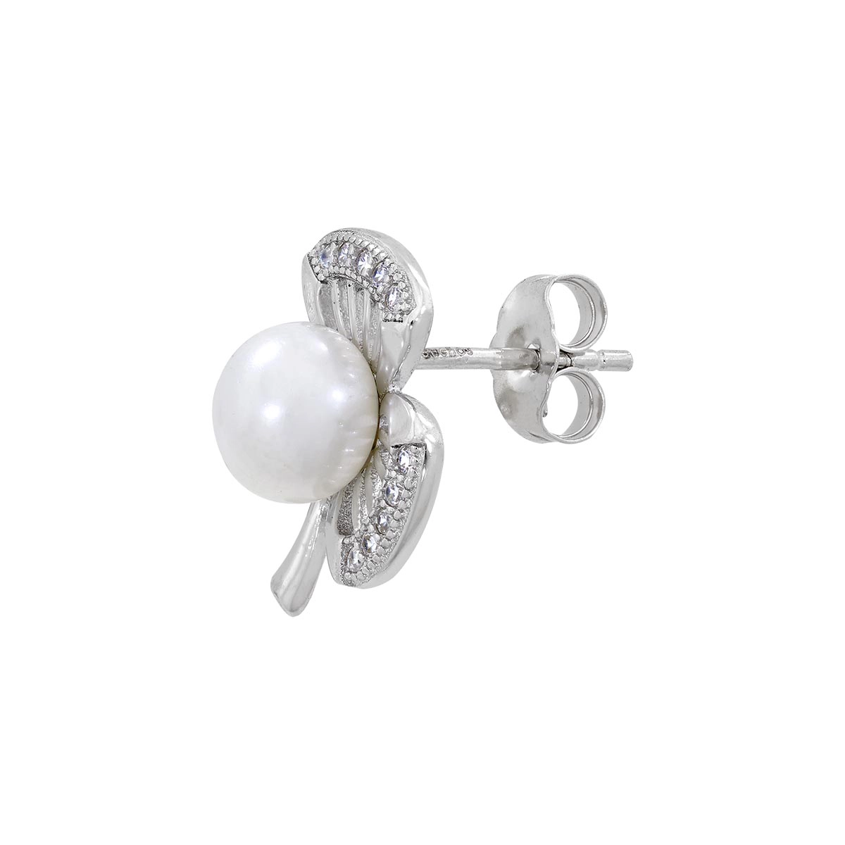 Topos de trébol en plata Ley 925, con perla central y decoración en zircones - Colección Sueños