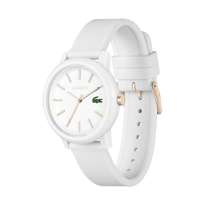 Reloj Lacoste análogo, para Dama, tablero redondo colores blanco y rosa, estilo index, pulso silicona color blanco