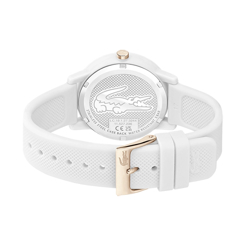 Reloj Lacoste análogo, para Dama, tablero redondo colores blanco y rosa, estilo index, pulso silicona color blanco