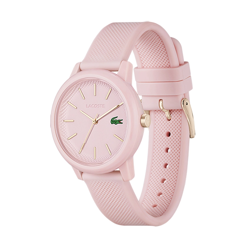 Reloj Lacoste análogo, para Dama, tablero redondo color rosado, estilo index, pulso silicona color rosado