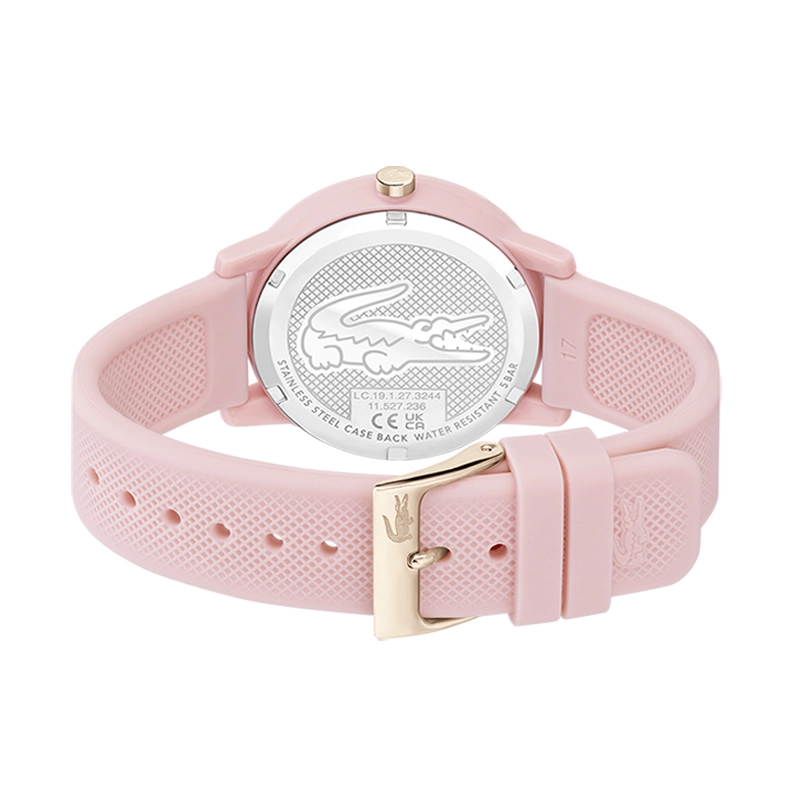 Reloj Lacoste análogo, para Dama, tablero redondo color rosado, estilo index, pulso silicona color rosado