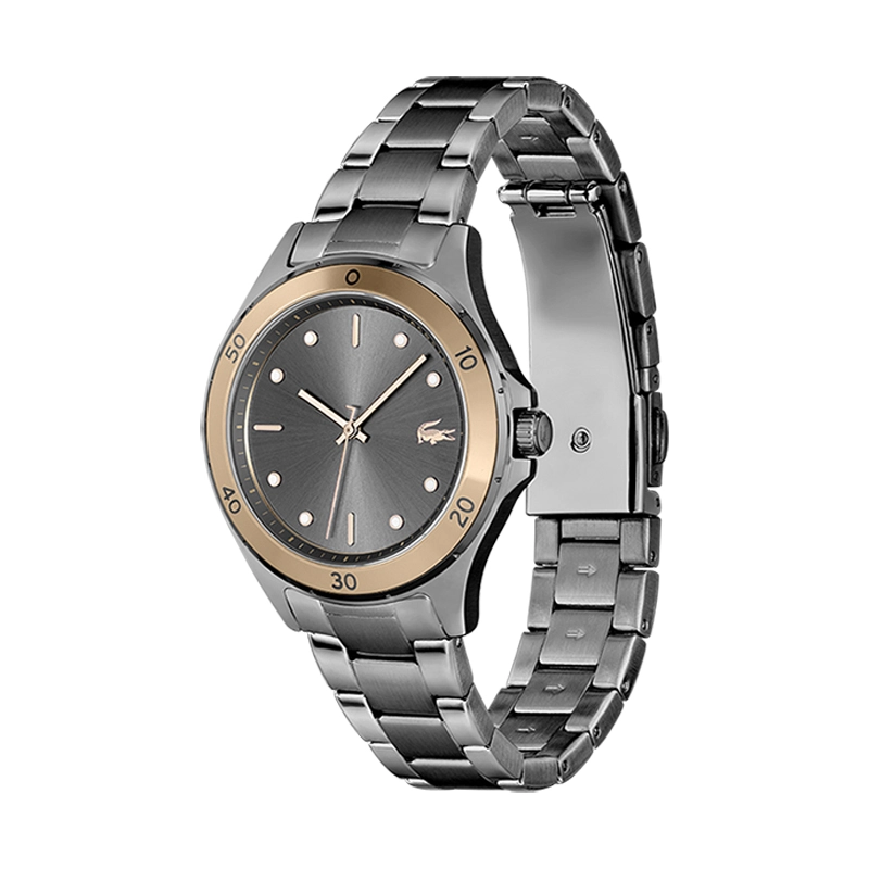 Reloj Lacoste analogo, para Dama, tablero redondo color gris, estilo index + puntos, pulso acero color plateado