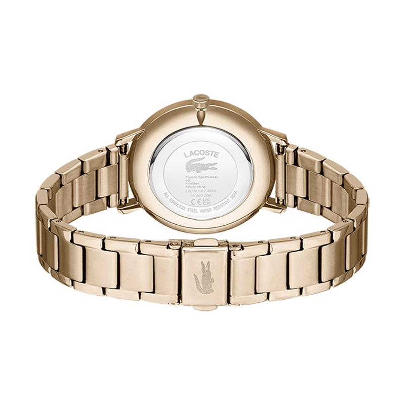 Reloj Lacoste analogo, para Dama, tablero redondo color rosa, estilo index, pulso acero color rosa