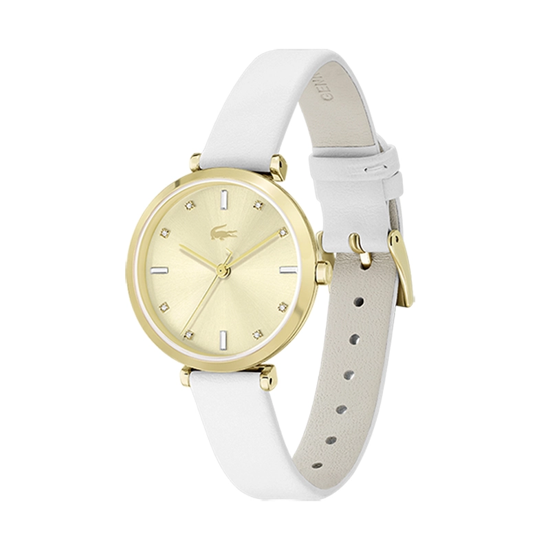 Reloj Lacoste analogo, para Dama, tablero redondo color dorado, estilo index + puntos, pulso cuero color blanco
