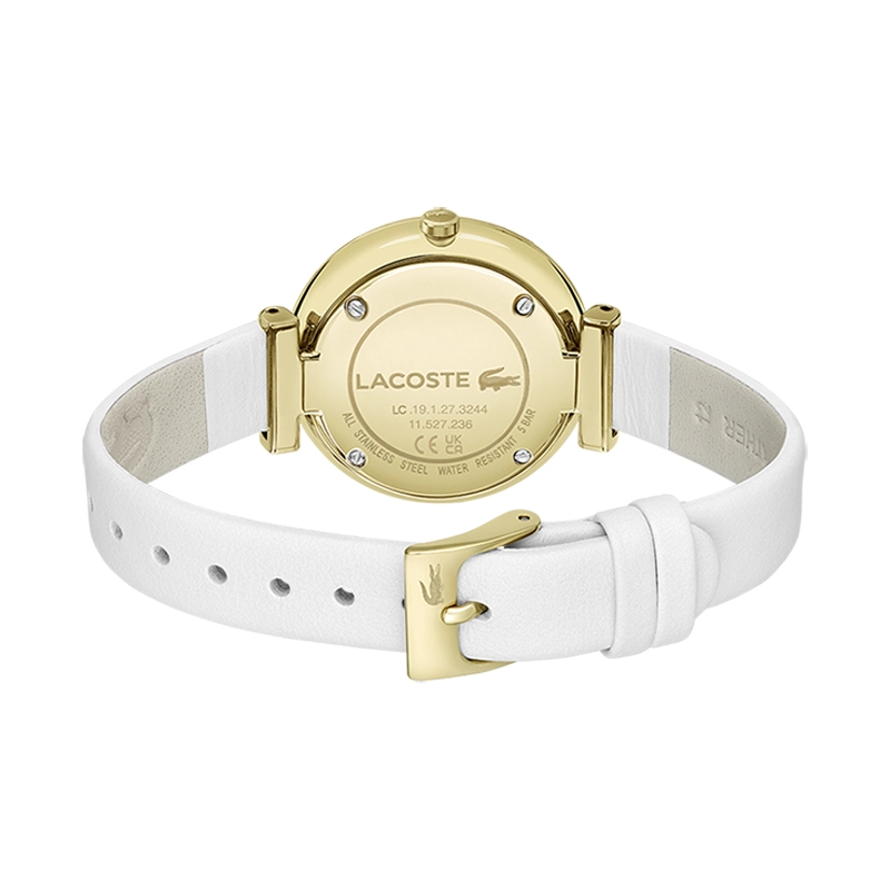 Reloj Lacoste analogo, para Dama, tablero redondo color dorado, estilo index + puntos, pulso cuero color blanco