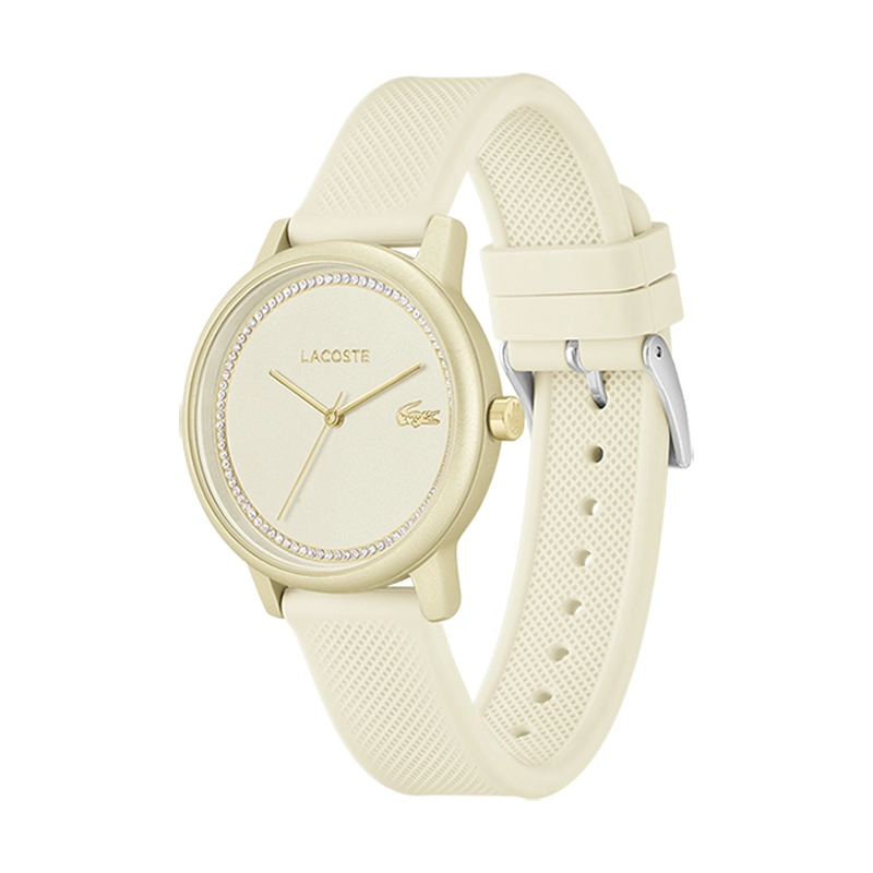 Reloj Lacoste analogo, para Dama, tablero redondo colores beige y rosa, estilo sin numeros, pulso silicona color beige