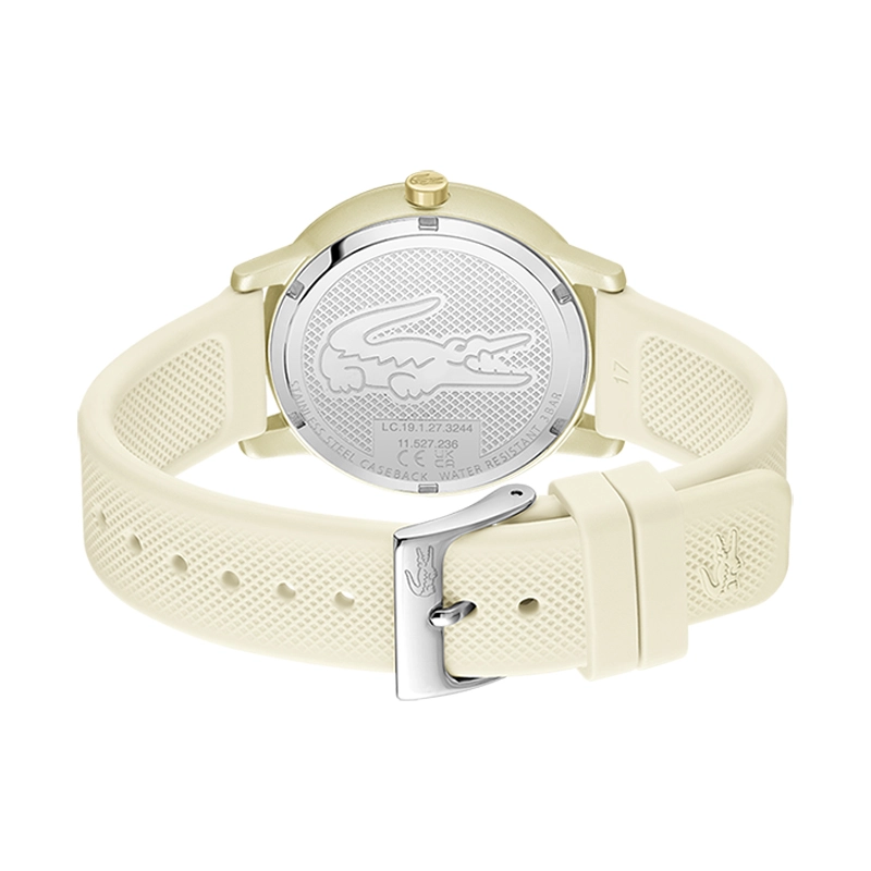 Reloj Lacoste analogo, para Dama, tablero redondo colores beige y rosa, estilo sin numeros, pulso silicona color beige