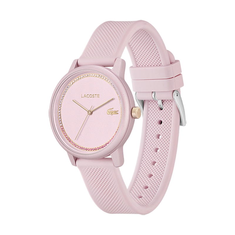 Reloj Lacoste analogo, para Dama, tablero redondo color rosado, estilo sin numeros, pulso silicona color rosado