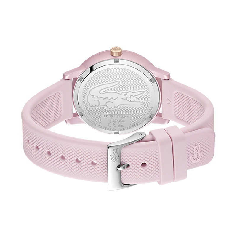 Reloj Lacoste analogo, para Dama, tablero redondo color rosado, estilo sin numeros, pulso silicona color rosado