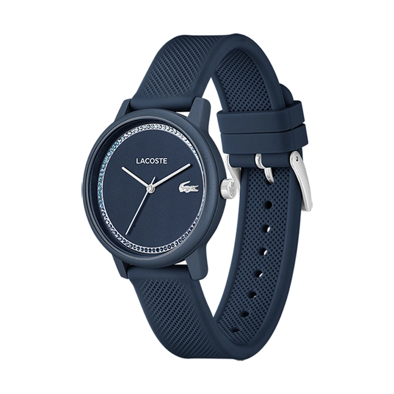 Reloj Lacoste analogo, para Dama, tablero redondo color azul, estilo sin numeros, pulso silicona color azul