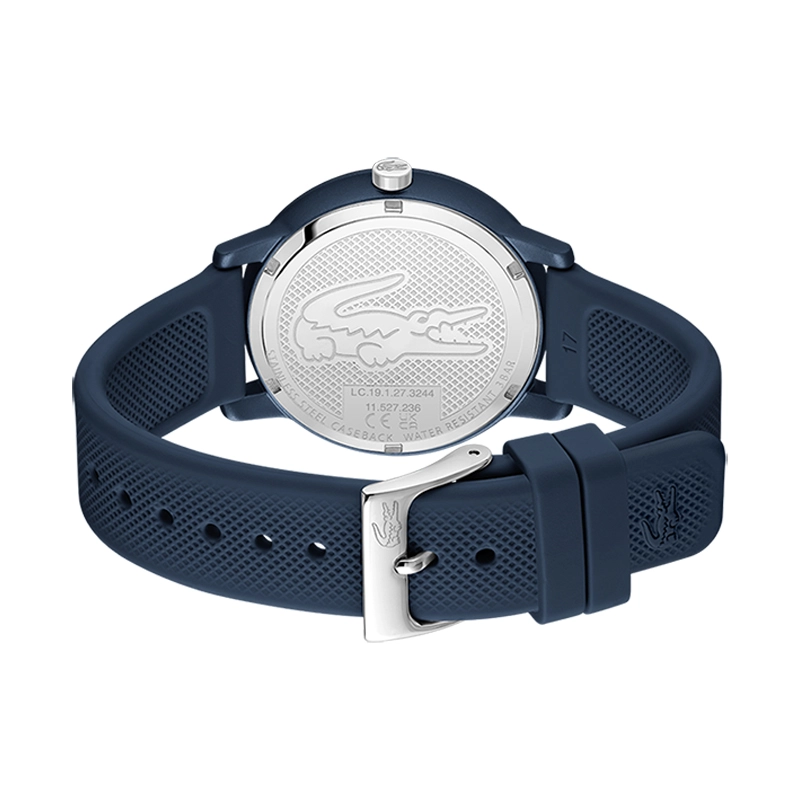 Reloj Lacoste analogo, para Dama, tablero redondo color azul, estilo sin numeros, pulso silicona color azul
