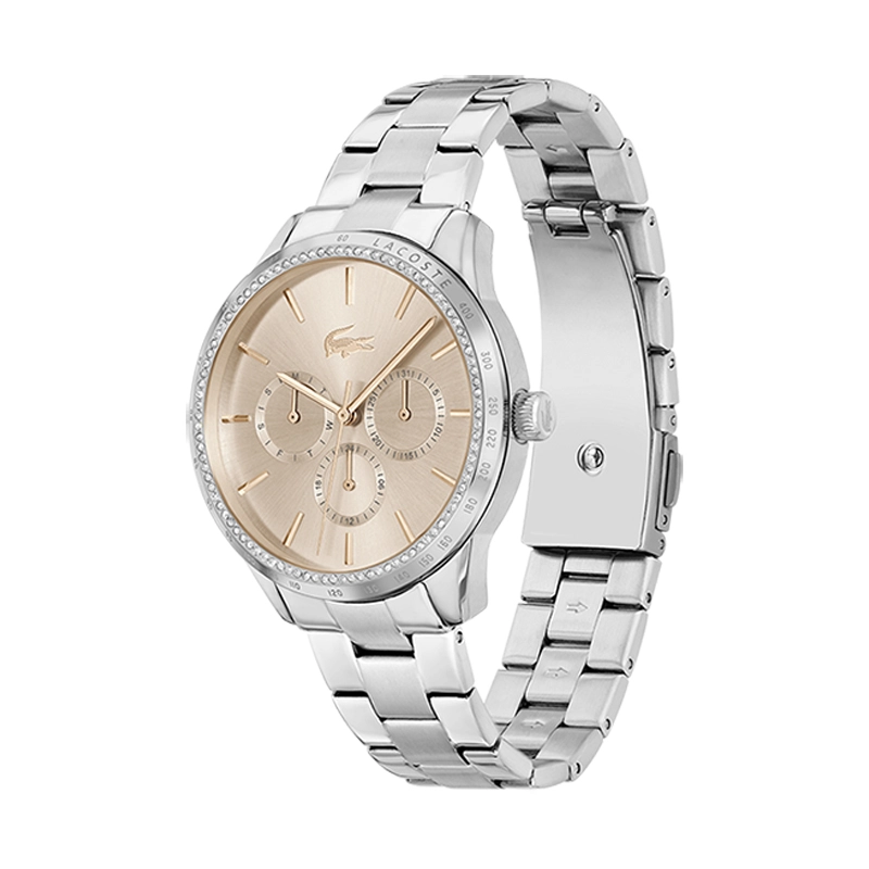 Reloj Lacoste analogo, para Dama, tablero redondo color rosa, estilo index, pulso acero color plateado