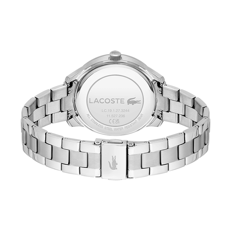 Reloj Lacoste analogo, para Dama, tablero redondo color rosa, estilo index, pulso acero color plateado