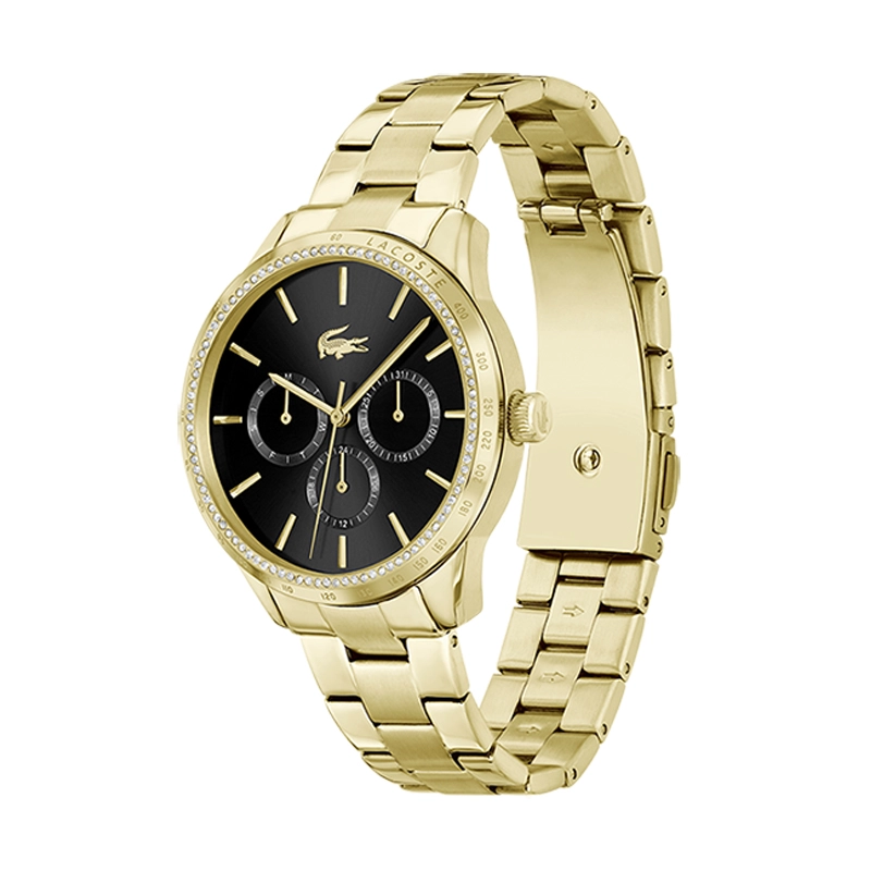 Reloj Lacoste analogo, para Dama, tablero redondo colores negro y dorado, estilo index, pulso acero color dorado