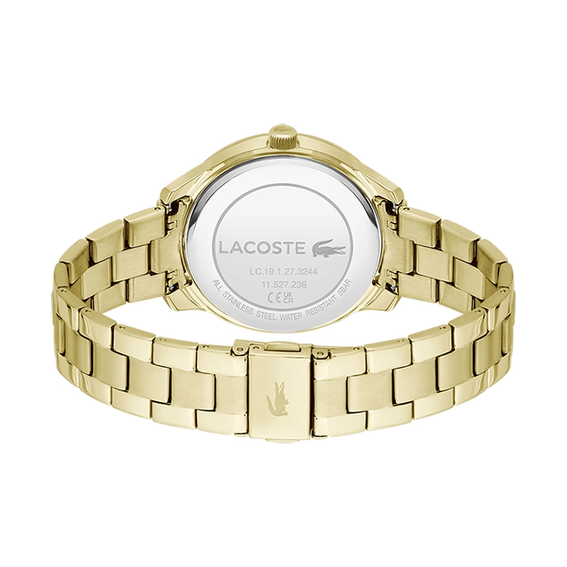 Reloj Lacoste analogo, para Dama, tablero redondo colores negro y dorado, estilo index, pulso acero color dorado