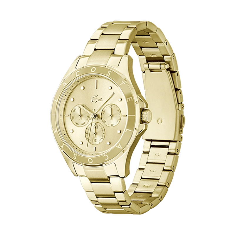 Reloj Lacoste analogo, para Dama, tablero redondo color dorado, estilo index + puntos, pulso acero color dorado