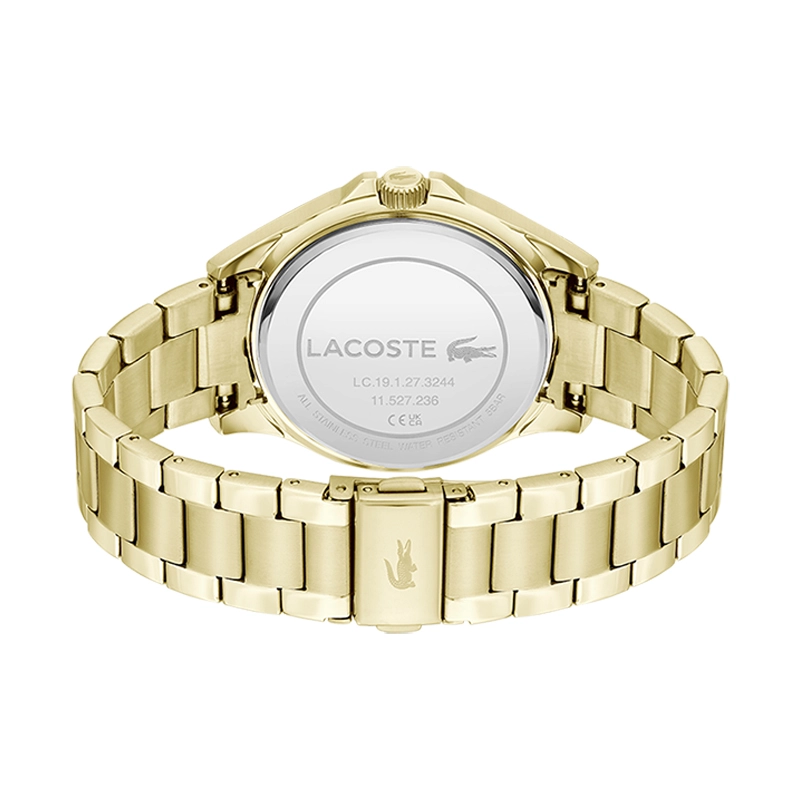 Reloj Lacoste analogo, para Dama, tablero redondo color dorado, estilo index + puntos, pulso acero color dorado