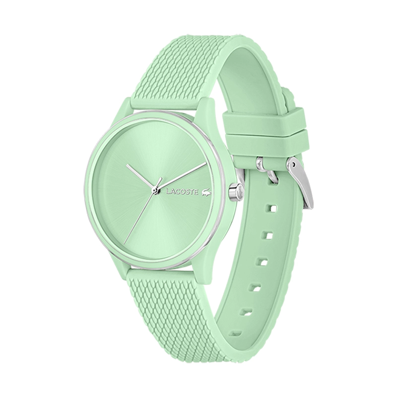 Reloj Lacoste analogo, para Dama, tablero redondo color verde, estilo sin numeros, pulso silicona color verde