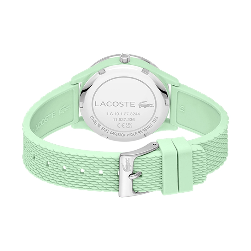 Reloj Lacoste analogo, para Dama, tablero redondo color verde, estilo sin numeros, pulso silicona color verde