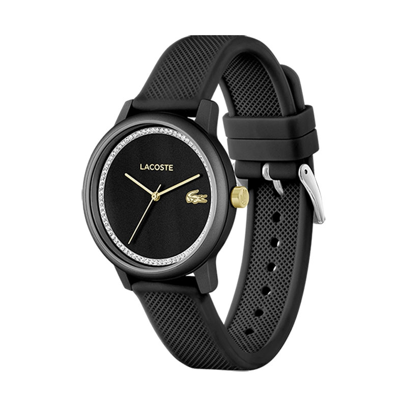 Reloj Lacoste analogo, para Dama, tablero redondo color negro, estilo sin numeros, pulso silicona color negro