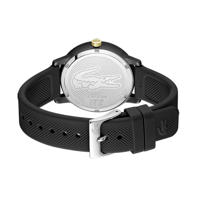 Reloj Lacoste analogo, para Dama, tablero redondo color negro, estilo sin numeros, pulso silicona color negro