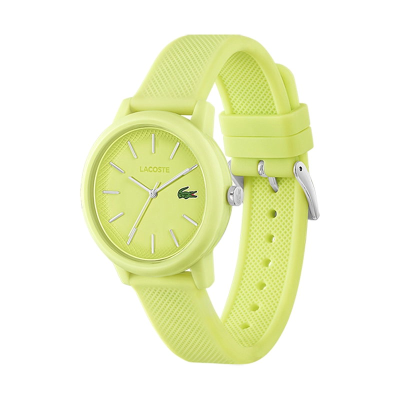 Reloj Lacoste analogo, para Dama, tablero redondo color verde, estilo index, pulso silicona color verde