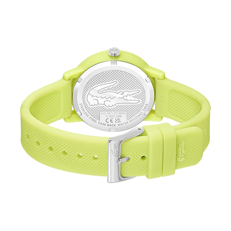 Reloj Lacoste analogo, para Dama, tablero redondo color verde, estilo index, pulso silicona color verde