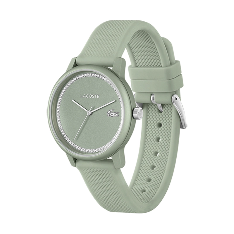 Reloj Lacoste analogo, para Dama, tablero redondo color verde, estilo sin numeros, pulso silicona color verde