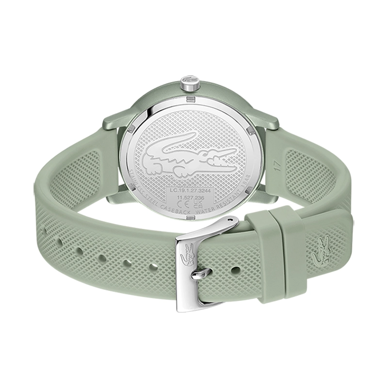 Reloj Lacoste analogo, para Dama, tablero redondo color verde, estilo sin numeros, pulso silicona color verde